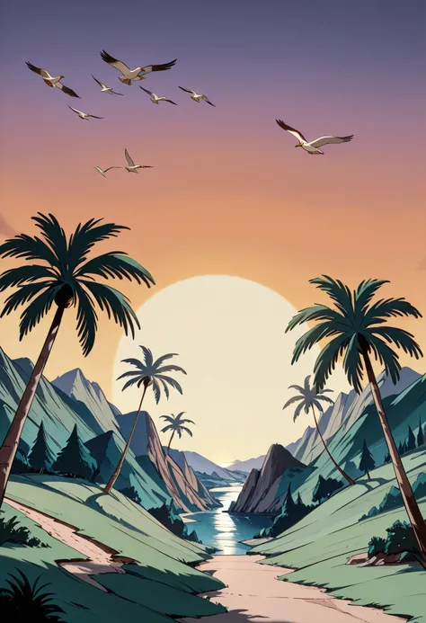  (masterpiece, vibrant colors), disney animation, landscape shot, dusk hours, sun setting, verdent green highlands, scattered palm trees in the scene, river passing through, a flock of pelicans in flight, peter pan 1953 artstyle