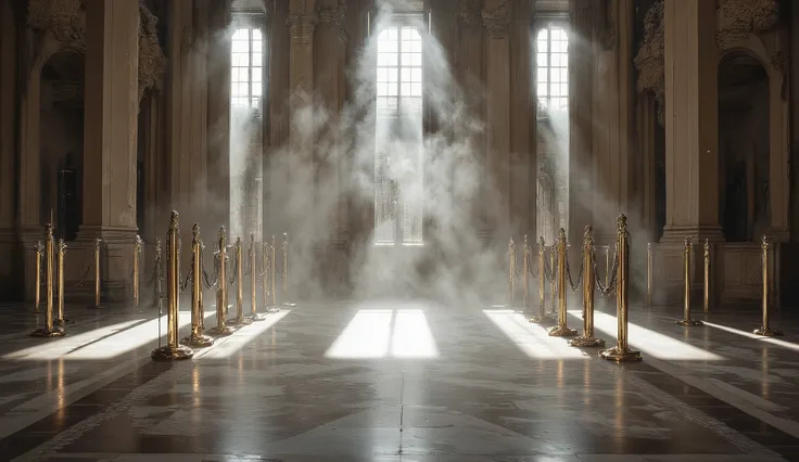 The scene takes place inside an opulent, historic building with grand architectural design — marble floors with intricate geometric patterns, tall columns rising to ornate ceilings, and classical details bathed in soft, diffused daylight. The ambient light...