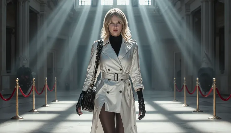 Ultra-realistic cinematic close-up shot of a striking blonde woman walking confidently through a grand, luxurious interior. She has platinum blonde hair styled in a medium-length bob with soft waves, glowing under diffused natural light. Her skin is fair a...