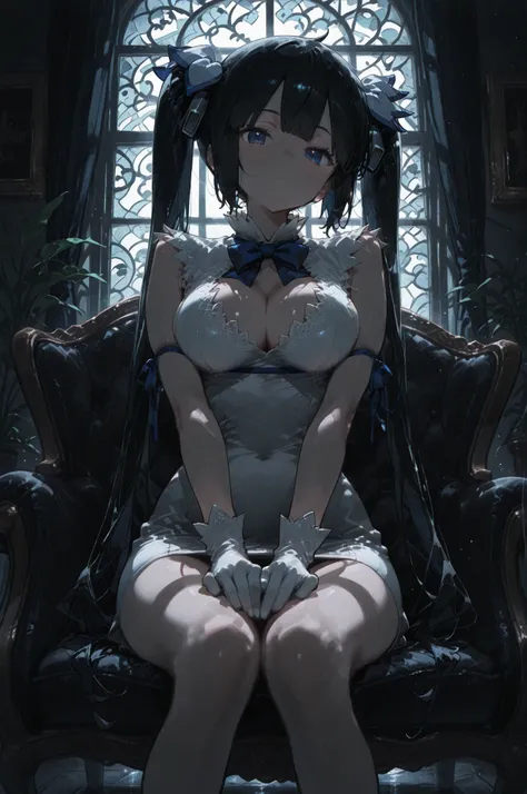 hestia, hestia \(danmachi\) blue eyes, black hair, twintails, large breasts,,barefoot, blue bow, blue bowtie, bow, bowtie, cleavage, cleavage cutout, clothing cutout, dress, gloves, pencil dress, rei no himo, short dress, white dress, white gloves,,高品質, 傑...