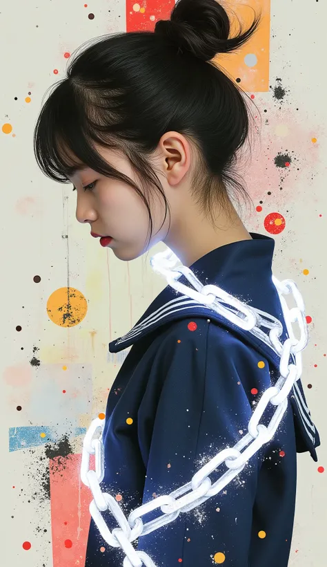 collage art, reminiscent of the girl's adolescence, Combining a minimalist profile with blended identity, full body shot, side view, skinny delicate 13yo neat girl in neat navy sailor school uniform, hair bun, her body wrapped in abstract bright white glow...