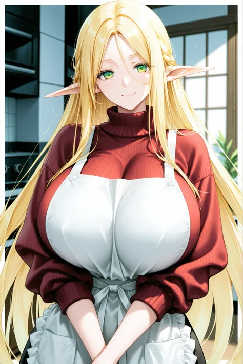 1 girl, very long hair, blond hair, giant breasts, elf, long ears, casual clothes, sweater, apron, smiling,
