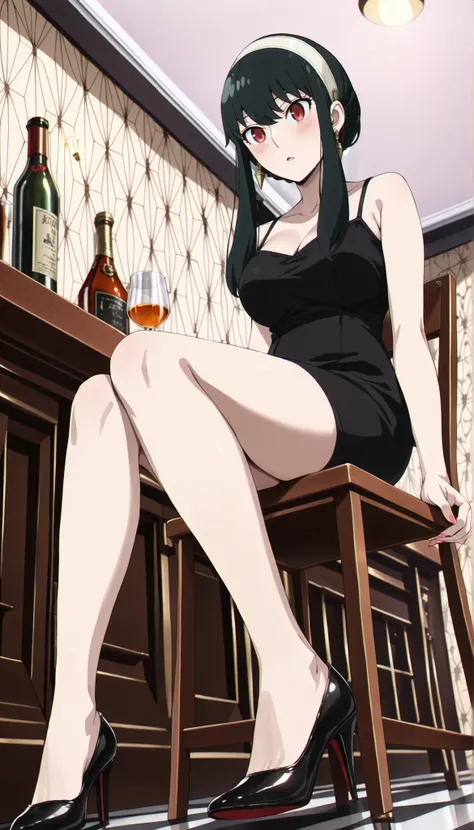 (((Yor Forger(SPY×FAMILY) ))),((cute)),black tight camisole dress,thighs,cleavage,Bare legs,high heels,(((Medium Breasts))),dark haired,bar,Sit on a chair,(low angle),Ulchan - 6500-v1.1, (RAW pictures:1.2), BEAUTIFUL DETAILS, very detailedな目 美しい目,beautiful...