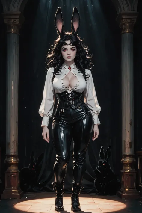 masterpiece, ultra highres, best quality 1 girl, rabbit kin,hybrid, rabbit kin, mature female,short statur, (short stack), curvy figure, wide hips, thick thighs, large breasts, perfect feminine proportions, deep clivage,(pale skin), (messy curly black hair...