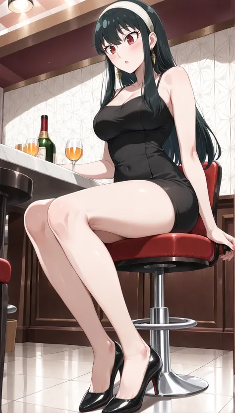 (((Yor Briar(SPY×FAMILY) ))),((cute)),((long  hair)),black tight camisole dress,thighs,cleavage,Bare legs,high heels,(((Medium Breasts))),dark haired,bar,Sit on a chair,(low angle),Ulchan - 6500-v1.1, (RAW pictures:1.2), BEAUTIFUL DETAILS, very detailedな目 ...