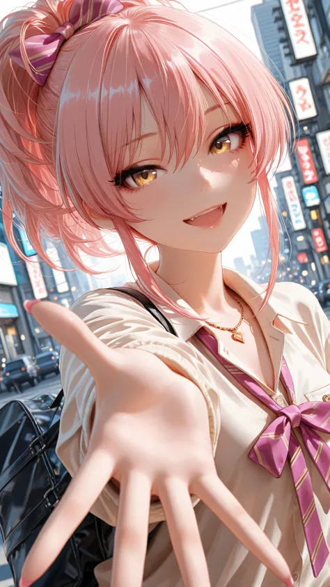 masterpiece, best quality, amazing quality, very aesthetic, absurdres, 1girl, jougasaki mika \(idolmaster\), pink hair, ponytail, detailed eyes, school uniform, gyaru, looking at viewer, smile, open mouth, reaching to viewer, city streets, upper body, dyna...