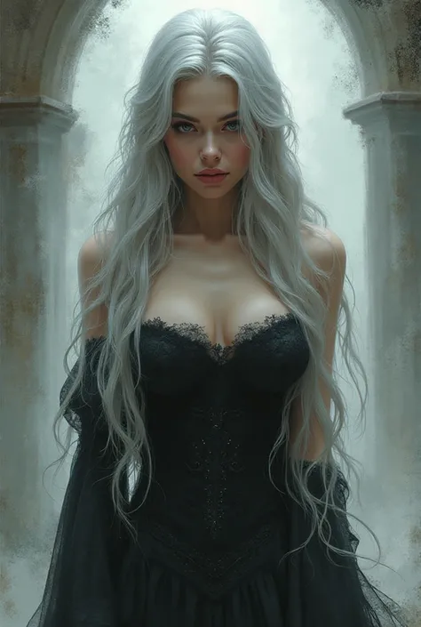 Secret two-tone picture of a woman with long silver hair with wide breasts