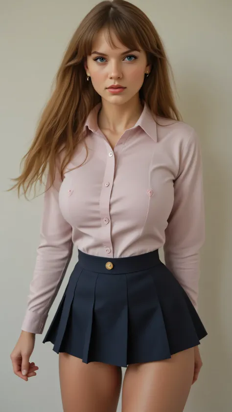 hot school girl in a short mini skirt ,school uniform facing the viewer, with short skirt and shirt very large chest size and fair in skin very large tits,big flowing auburn hair,skinny body,thin hips.topless