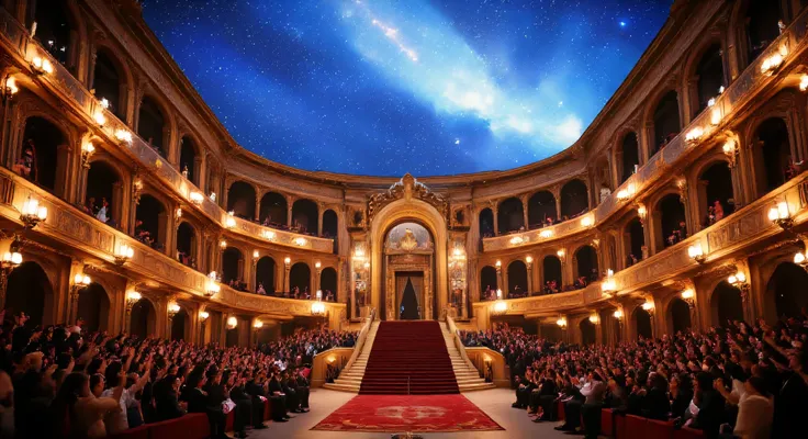 (((masterpiece:1.5、Highest Quality、high resolution:1.3、super resolution、Super Detailed、Super Detailed:1.3))) cinematic, symmetric, grand, golden, opera, theater, majestic, baroque, architecture, ornate, details, luxurious, interior, huge, red, carpet, stai...