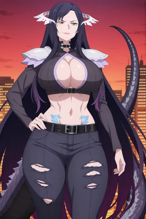 newest , masterpiece , anime screencap , anime coloring , masterpiece, best quality, kajiu quinella, 1girl,Mature female, attractive face, detailed face, milf, motherly, long hair, black hair, hair black ornament, cleavage, sidelocks, yellow eyes, black t...