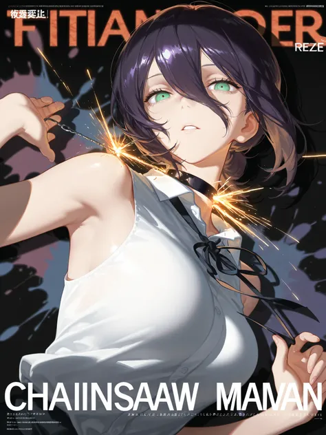  masterpiece, best quality, good quality, very awa, newest, highres, absurdres1girl,solo,beautiful face,mature female,
reze \(chainsaw man\) , portrait,dutch angle,
parted lips,
looking at viewer ,
large breasts,glowing ,
collared shirt,sleeveless,armpit,,...