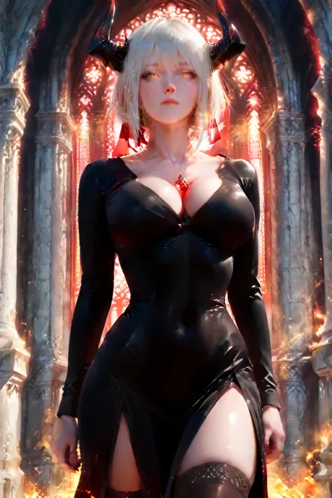 BrnWshM,3DMM,748cmstyle,, yellow mucus, between clothes,,black dress, cleavage, collarbone, long sleeves, covered navel, taut dress, side slit, black thighhighs,A regal female demon with massive curved horns and crimson attire, standing in a red-lit cathed...