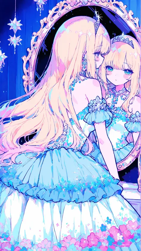 womanhoodが鏡を見つめている,Mirror,,,,womanhood,,tiara,glittering decoration,dress,,sexy,,dynamic,anime,masterpiece,Highest Quality,Great Quality,very beautiful,Newest,