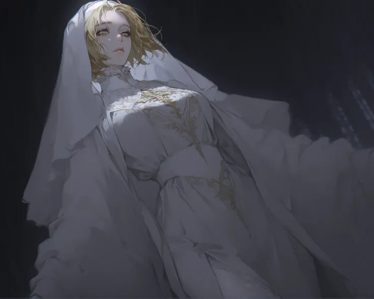 best quality, masterpiece, 1girl, blonde_hair, dynamic angle, short_hair, priestess, holy, goddess, straight_hair, neutral expression, evil, mature face, dark fantasy, {white, evil, splash art}, white roses, high_collar, pattern undershirt, priest, white...