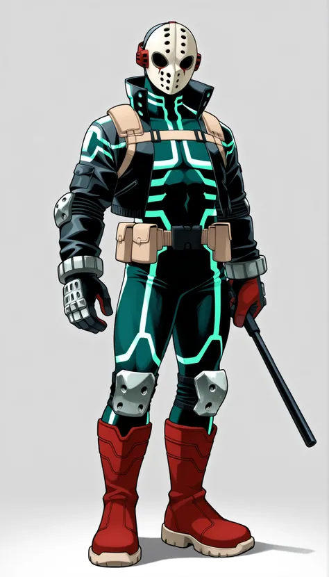 ((Highest Quality)), ((Simple Light Grey Background)), (My Hero Academia Style), standing, (1male), (Male), solo, slender body, athletic body, slim body, standing, Full Body, full body bodysuit, black bodysuit, metal knee pads, metal elbow pads, (Red tacti...