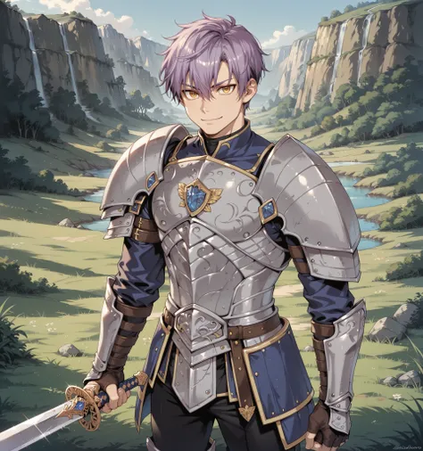 Source_anime, handsome male, fishine style, 1boy, solo, adult boy BREAK
Purple hair BREAK short hair, messy hair, wolf cut, hair between eyes, yellow eyes BREAK
Blue armor, knight armor, sapphire armor, black pants BREAK
Looking at viewer, dynamic po...