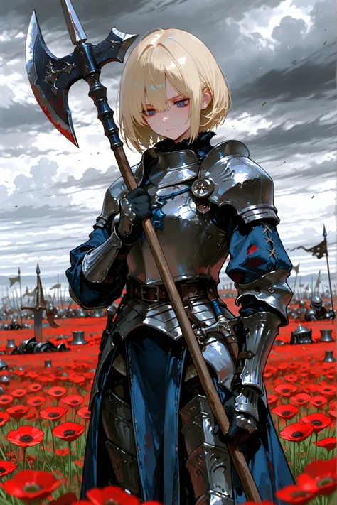 748cmstyle, holding axe, holding weapon, masterpiece, best quality, amazing quality, very aesthetic, absurdres, newest, highres, depth of field, very awa, 1girl, solo, knight, short hair, best eyes, high quality eyes, good eyes, full body, cowboy shot, dut...