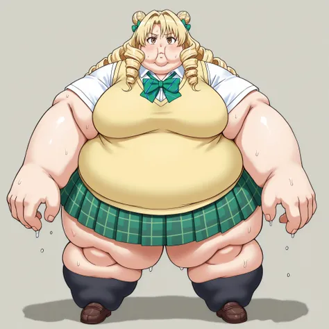 long hair,blonde hair,curly hair,double bun,twin drills,hair bow,hair ribbon,bangs,brown eyes
school uniform,sweater vest,yellow vest,white shirt,collared shirt,green bowtie,short sleeves,medium breasts,miniskirt,green skirt,plaid skirt,pleated skirt,black...