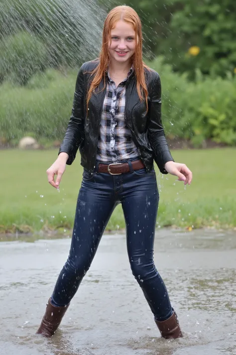 Uncensored, A girl with long red-blonde hair, soaking wet hair, very attractive 22-year old girl, viewed right from the front, full body view, enjoying being all wet, inviting smile, showing her teeth, looking into the camera, her arms spread to her si...