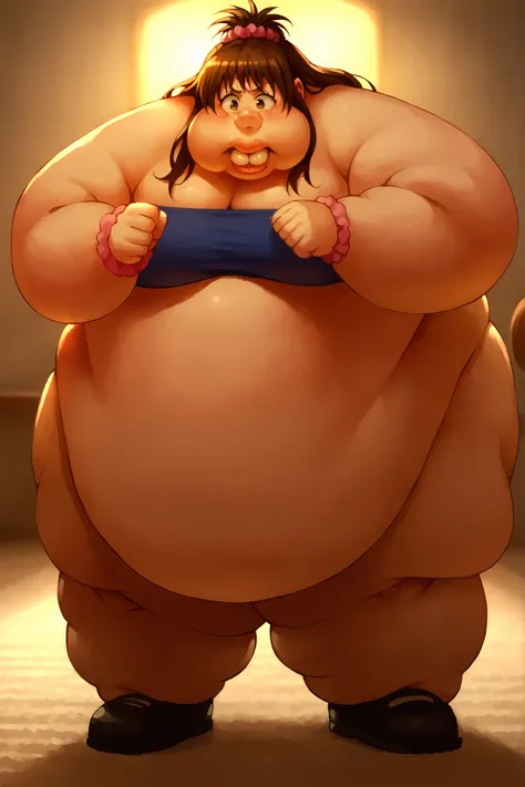 shoe and leg, large buck teeth, hand expanding in size and sprouting tawny Were-Rabbit fur, portrait, sharp focus, soft lighting,, , illustration, depth of field, (bloom:0.4), score_9, score_8_up, score_7_up, source_anime, mikan yuuki, brown eyes, brown ha...