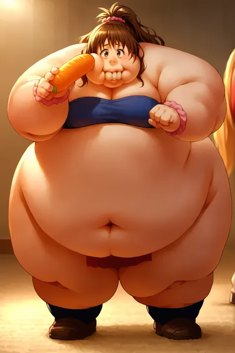 shoe and leg, large buck teeth, hand expanding in size and sprouting tawny Were-Rabbit fur, portrait, sharp focus, soft lighting,, , illustration, depth of field, (bloom:0.4), score_9, score_8_up, score_7_up, source_anime, mikan yuuki, brown eyes, brown ha...