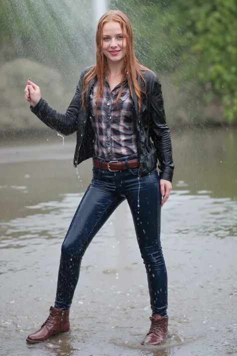 Uncensored, A girl with long red-blonde hair, soaking wet hair, very attractive 22-year old girl, viewed right from the front, full body view, enjoying being all wet, inviting smile, showing her teeth, looking into the camera, her arms spread to her si...