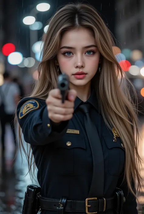 1 female、American Beauty、Super beautiful、facial beauty、Blue Eyes、standing、New York Police Uniform、Mini Skirt、golden hair、Night Street、backlight、wind is blowing that can be flipped slightly、that's It's raining、he's staring intently at the barrel.、Sci U...