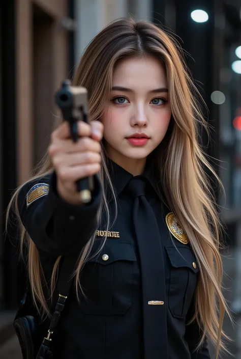 1 female、American Beauty、Super beautiful、facial beauty、Blue Eyes、standing、New York Police Uniform、Mini Skirt、golden hair、Night Street、backlight、wind is blowing that can be flipped slightly、that's It's raining、he's staring intently at the barrel.、Sci U...