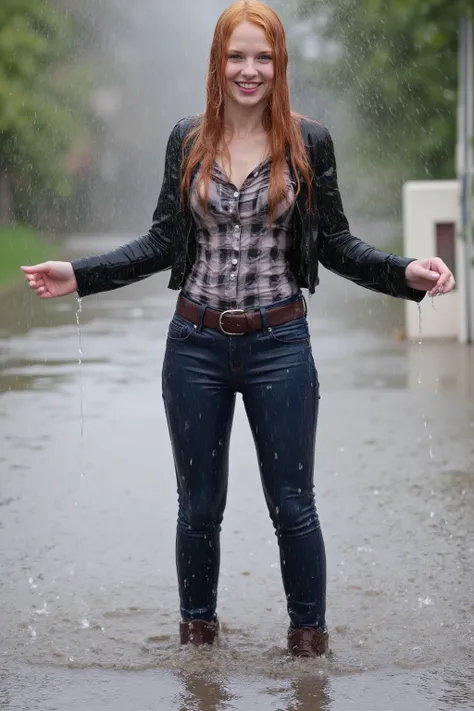 Uncensored, A girl with long red-blonde hair, soaking wet hair, very attractive 24-year old girl, viewed right from the front, full body view, enjoying being all wet, inviting smile, showing her teeth, looking into the camera, her arms spread to her si...
