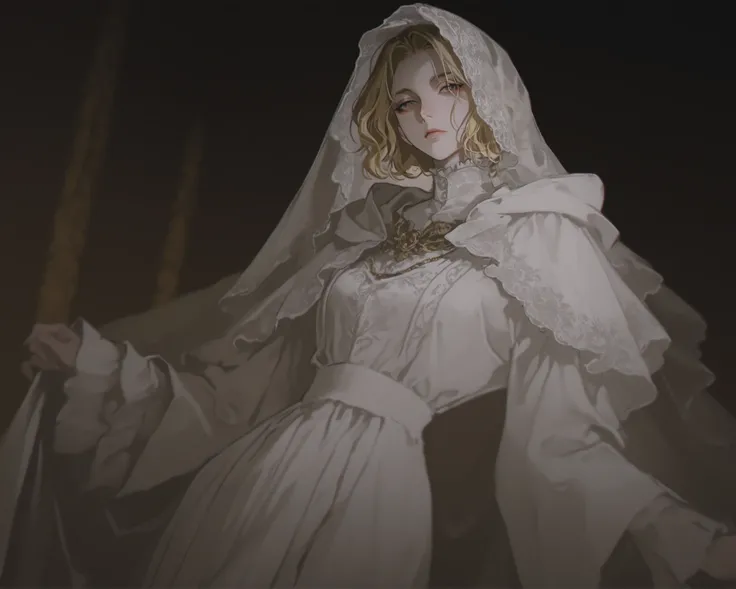 1girl, blonde_hair, female_character, pope, dynamic angle, looking at viewer, tight dress, short_hair, priestess, neutral expression, mature face, dark fantasy, golden roses, floral pattern, frills, white_dress, embroidery, 1girl, golden details, dark soul...