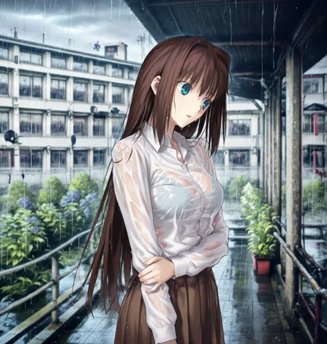 masterpiece, , absurdres, highres, detailed background, high resolution, necessary, detail, best quality, quality, details, High details, Precise, ,outdoors,((school, detailed background, photo background, blurry background)),,from side,(dark ,rain, ), upp...