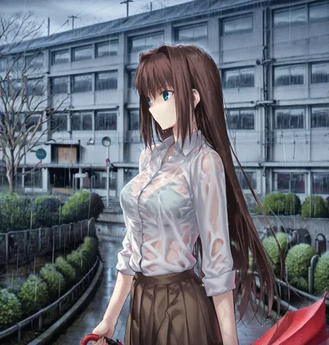 masterpiece, , absurdres, highres, detailed background, high resolution, necessary, detail, best quality, quality, details, High details, Precise, ,outdoors,((school, detailed background, photo background, blurry background)),,from side,(dark ,rain, ), upp...