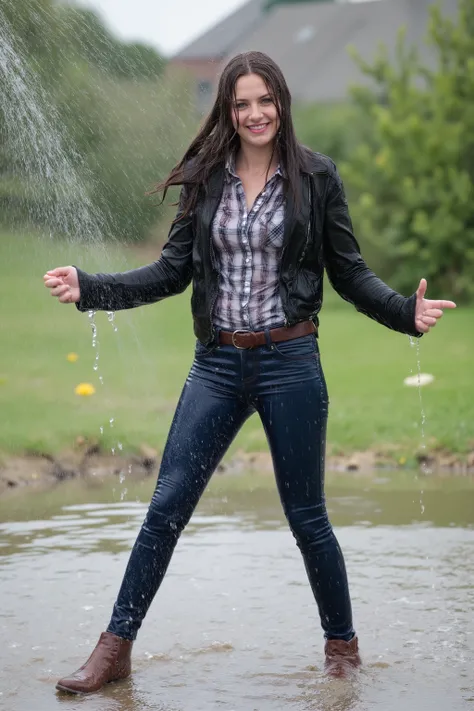 Uncensored, A girl with long dark brown hair, soaking wet hair, very attractive 22-year old girl, viewed right from the front, full body view, enjoying being all wet, inviting smile, showing her teeth, looking into the camera, her arms spread to her si...
