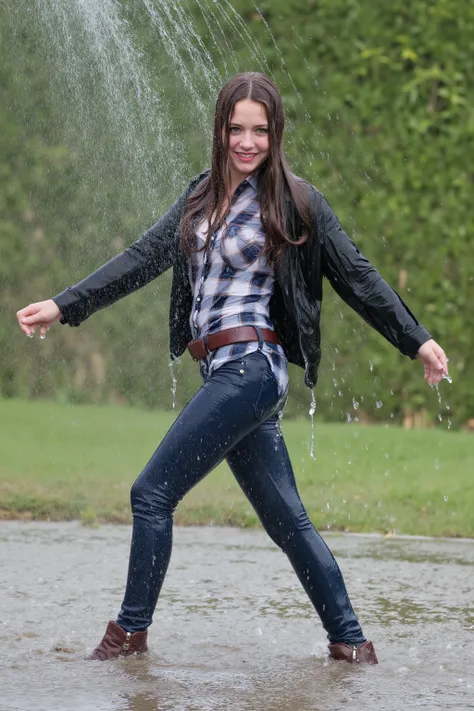 Uncensored, A girl with long dark brown hair, soaking wet hair, very attractive 22-year old girl, viewed right from the front, full body view, enjoying being all wet, inviting smile, showing her teeth, looking into the camera, her arms spread to her si...