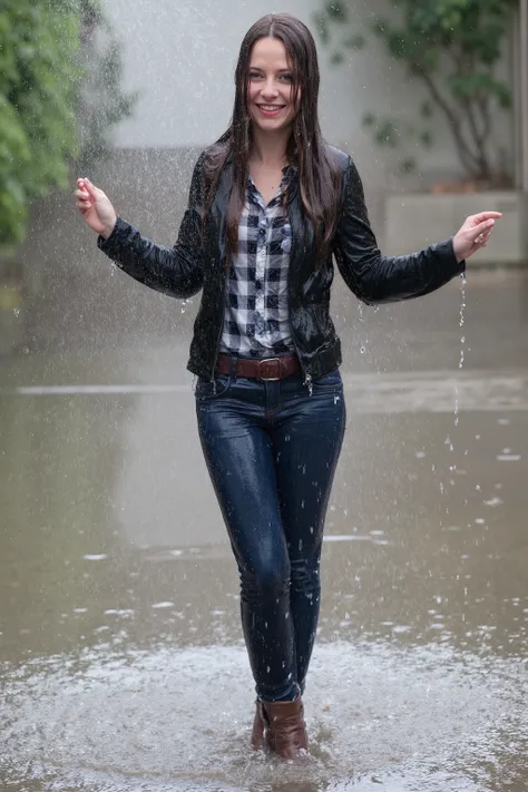 Uncensored, A girl with long dark brown hair, soaking wet hair, very attractive 22-year old girl, viewed right from the front, full body view, enjoying being all wet, inviting smile, showing her teeth, looking into the camera, her arms spread to her si...