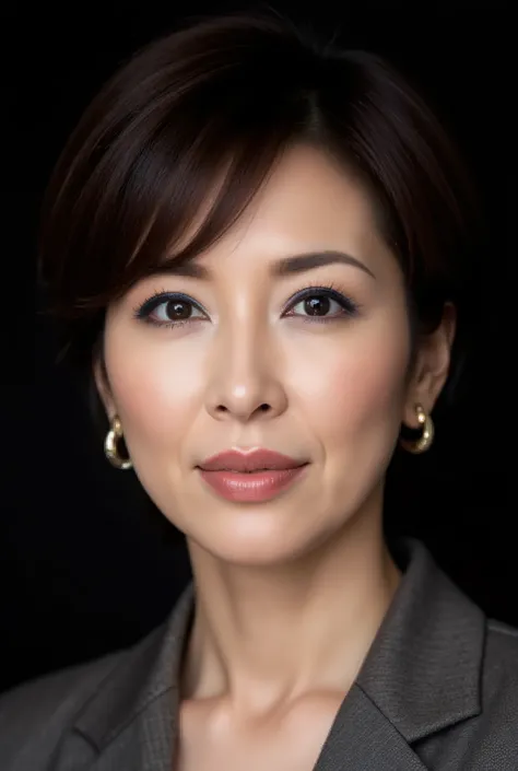 Original photo, Canon EOS R5, 50MM lens, debt/2.2, ISO 100, Shutter Speed 1/160 seconds, High Angle Portrait, 48 year old Japanese mature woman, 8k detailed, (masterpiece: 1.3), (photorealistic: 1.4), close-up debtacial portrait, Black Background, Sparklin...
