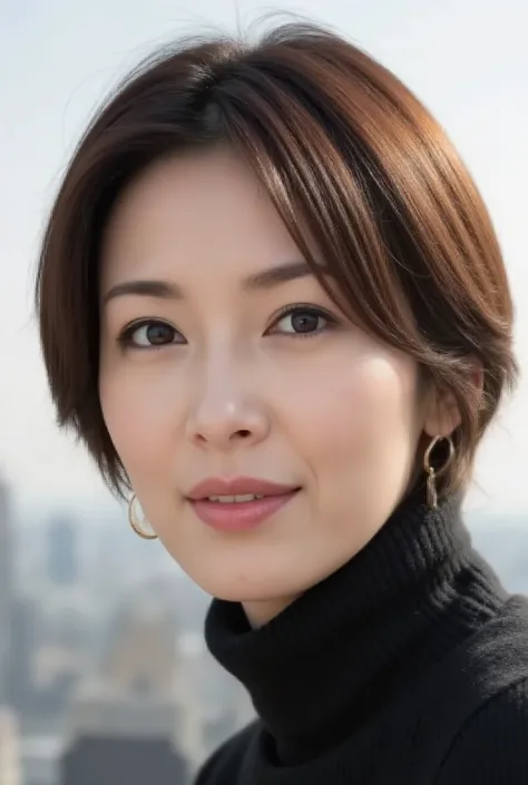 (((face close-up)))、(((Brown, shoulder length, Straight short bob)))、(((she has the New York skyline in the background、posing like a model at a beauty salon。.)))、(((casual black long sleeve winter clothes)))、 half Japanese 、Half Korean、18 year old girl、Ind...