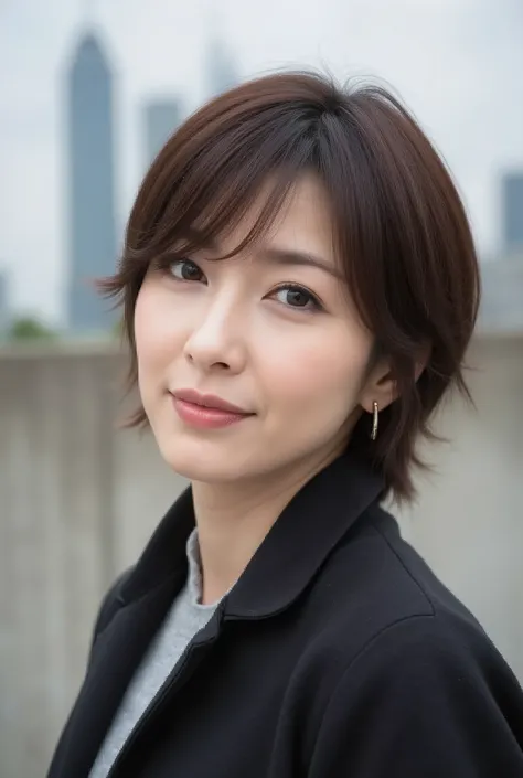 (((face close-up)))、(((Brown, shoulder length, Straight short bob)))、(((she has the New York skyline in the background、posing like a model at a beauty salon。.)))、(((casual black long sleeve winter clothes)))、 half Japanese 、Half Korean、18 year old girl、Ind...