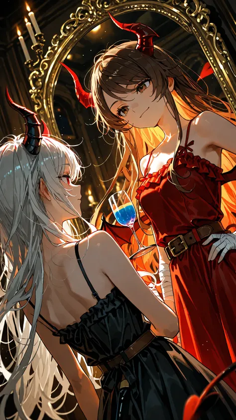 dynamic angle, 2 Girls, expressionless, close-up, upper body,character: gray hair , Red Eyes , red Demon Horn, Devil's Tail , Demon Wings, very long hair , Kakiage Bangs、Thin , small breasts , shoulder out , black sundress , shirtless , full of perfecti...