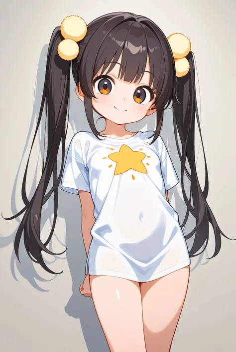 idol beautiful girl, slender body, flat bust, dark hair color,twin tails, big eyes, Twinkle Twinkle Hitomi, Smile Yan, naked shirt, Cheerful pose