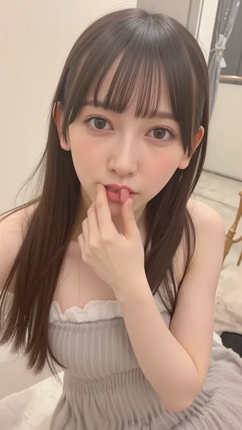 A Japanese AV Actress,to open her mouth slightly,Place one finger around your mouth and point to the semen in your mouth,Playful action,slim figure、Super clear real picture、Air bangs and long straight light brown hair,Wear a low-cut bandeau top、 out of the...