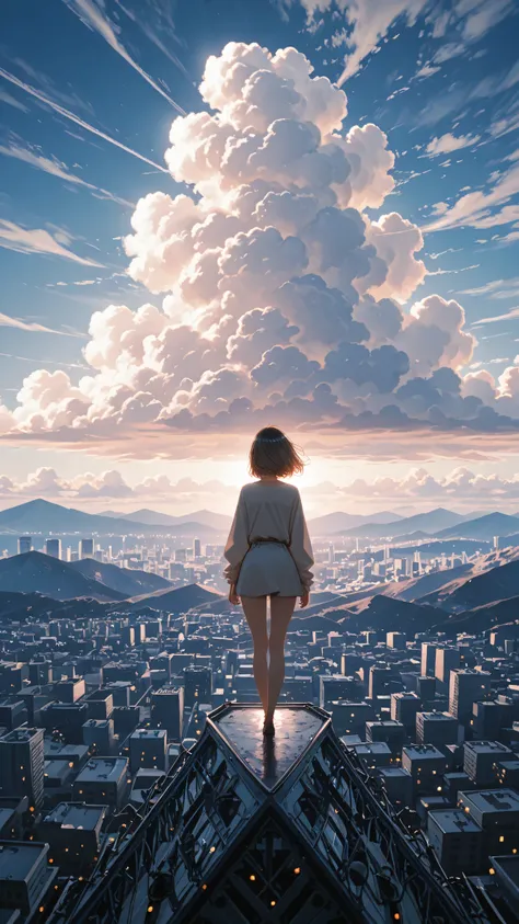 masterpiece, best quality, very aesthetic, highres, absurdres, ambient lighting, dynamic composition, 
1girl, standing, full body, wide shot, scenery, blue sky, clouds, city, flying city background, mountainous background, faceless, from back, 