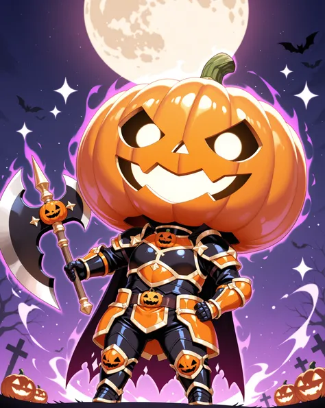 little character、Women Pumpkin Night、Sweet smile、Pumpkin Shaped Helmet、Orange and Black Armor、Big Axe with Jack O'Lantern Face、Halloween Ornament、on the night of the full moon、magical aura、Cute Deformed Style