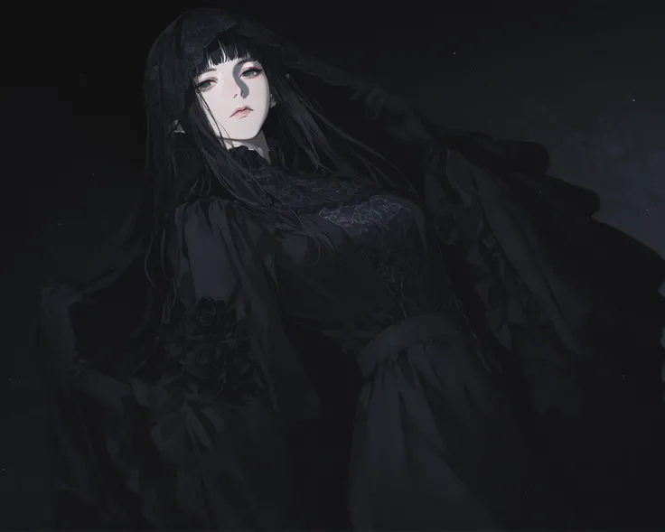 1girl, black_hair, female_character, pope, dynamic angle, looking at viewer, tight dress, cut_bangs, straight_hair, elf:1.4, long_hair, priestess, neutral expression, mature face, dark fantasy, black lilies, black flower, floral pattern, frills, black_dres...