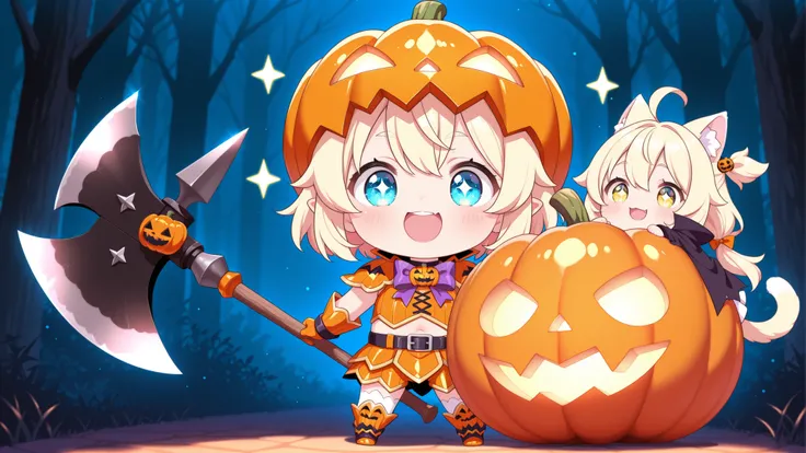 little character、big head and small body、Cute Female Pumpkin Night、Orange Pumpkin Armor、Smile、Sparkling Eyes、Big Axe with a Jack O'Lantern motif、Halloween Ornament、Magical Light、dark forest background