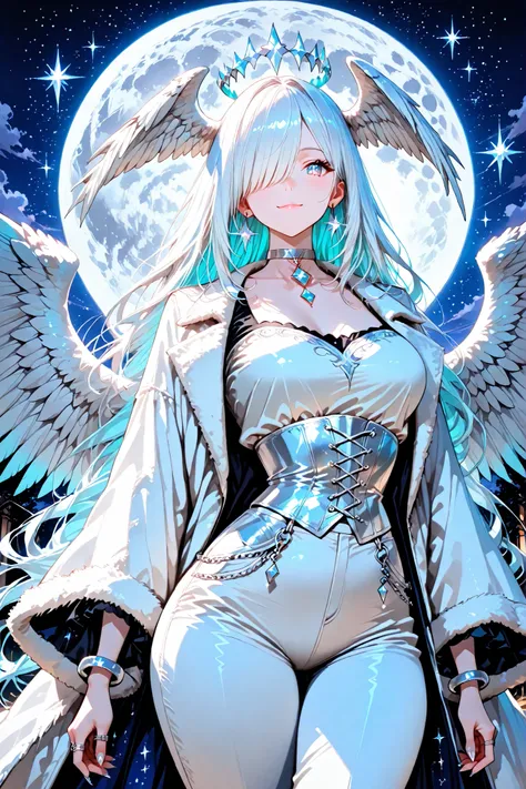 (moody lighting, dramatic shadows, bloom lighting, colored shadows,cute anime girl,vibrant color palette,vivid lighting,) (feathered head wings, silver-white head wings,) The winged woman is angel. She has a mature bodybuilding with big breasts , thin wais...