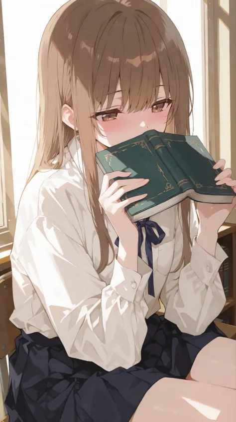 A cute high school girl with soft chestnut brown hair wearing a classic school blazer with a white shirt and ribbon tie, sitting near a window in a softly lit classroom. She holds an open book in front of her face, hiding her mouth and nose while her gentl...