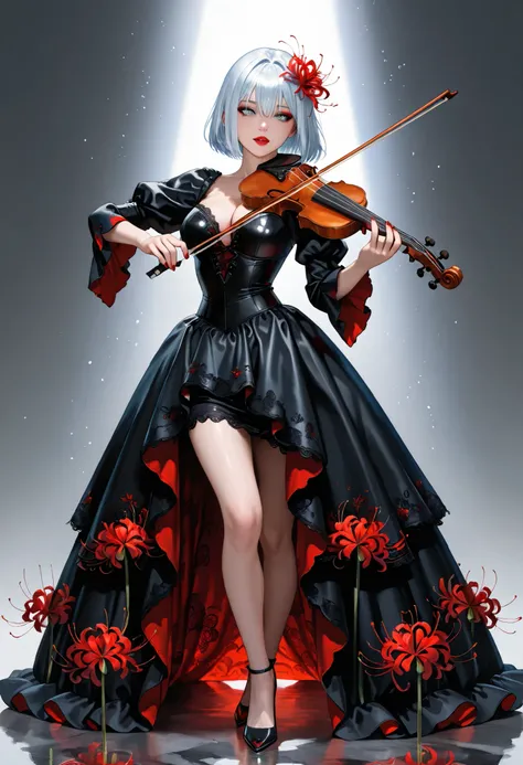 (full body), (masterpiece, best quality), (photo realistic:1.2), (cute, beautiful, kawaii, highres, 32K, perfect lighting, perfect anatomy), BREAK (shiny silver hair:1.2), (bob cut, bang between eyes, beautiful hair), (glossy silver eyes:1.4), (beautiful e...