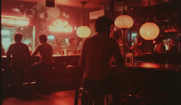 Bnw,"Wide 16:9 cinematic shot of a stylish nightclub in Berlin, 1989. The atmosphere is smoky, elegant, and modern for its time, filled with red and amber lighting that reflects softly on metallic and glass surfaces. The background features a sophisticated...