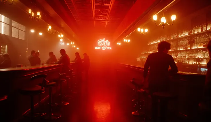 "Wide 16:9 cinematic shot of a stylish nightclub in Berlin, 1989. The atmosphere is smoky, elegant, and modern for its time, filled with red and amber lighting that reflects softly on metallic and glass surfaces. The background features a sophisticated bar...